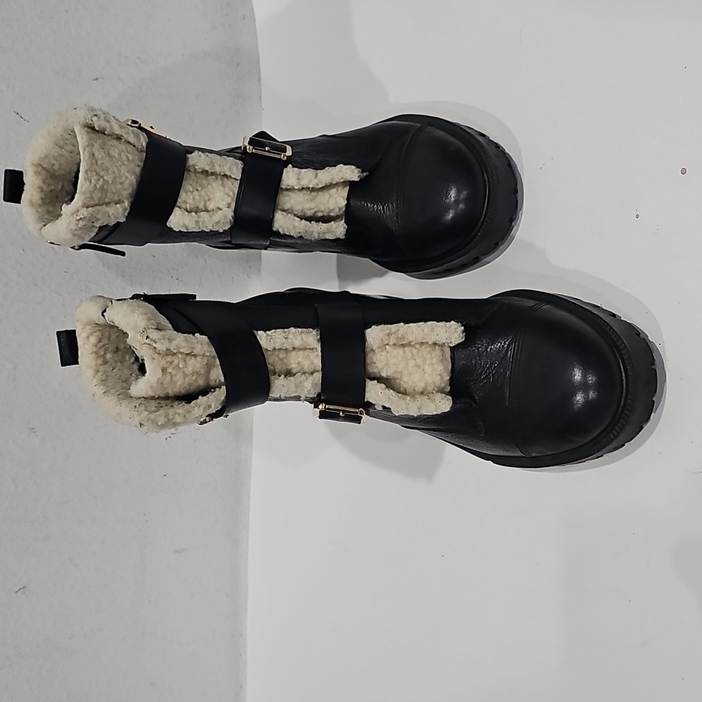 Nine West Black Leather combat Ankle  boots with Faux Shearling Size 10.5 - Picture 2 of 14